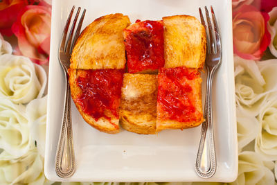 High angle view of breakfast on table