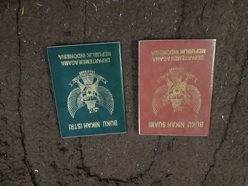 High angle view of warning sign on wall