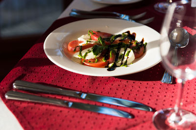 High angle view of meal served on table