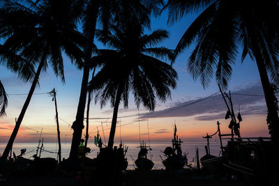 Silhouette palm trees on beach against sky during sunset