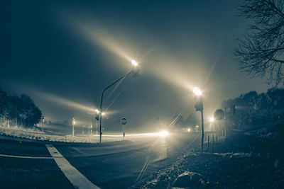 Illuminated traffic light in foggy night