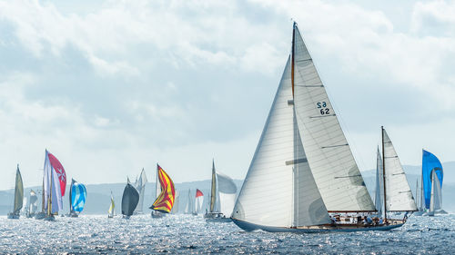 Sailboats in sea against sky