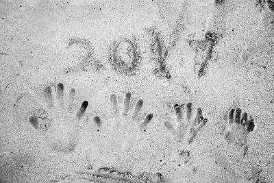 High angle view of footprints on sand