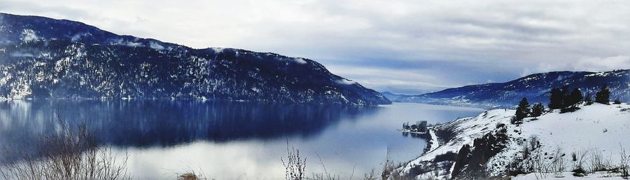 Panoramic view of lake and snowcapped mountains against sky