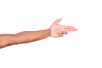 Low angle view of person hand against white background