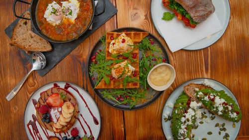 High angle view of meal served on table