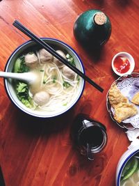 High angle view of soup in bowl on table