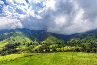 Scenic view of green landscape and mountains against sky