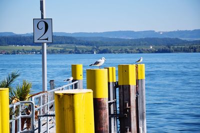 Information sign on wooden post by sea against clear sky