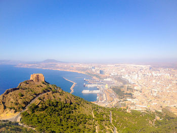 High angle view of townscape against clear blue sky