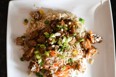 High angle view of food served in plate