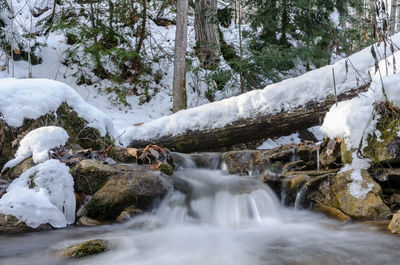 Scenic view of waterfall in forest during winter