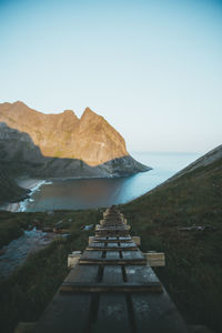 Scenic view of sea and mountains against clear sky