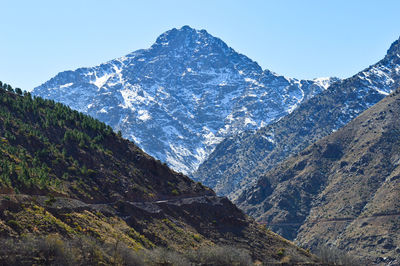 Scenic view of snowcapped mountains against clear sky