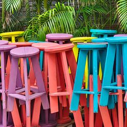 High angle view of colorful chairs