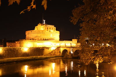 Reflection of illuminated built structure in water