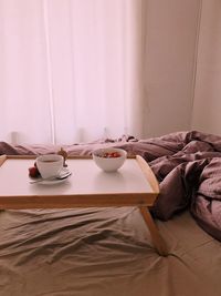 High angle view of breakfast on bed at home