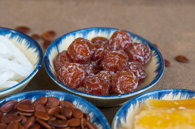 High angle view of food in bowls on table