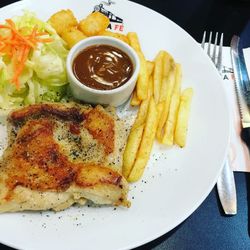 High angle view of food served on table