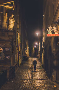 Rear view of woman walking on footpath amidst buildings at night