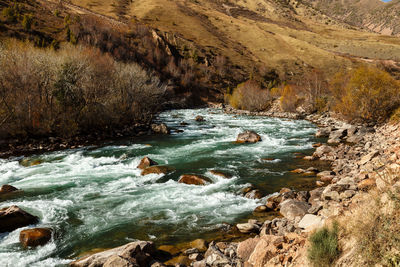 High angle view of river flowing through rocks