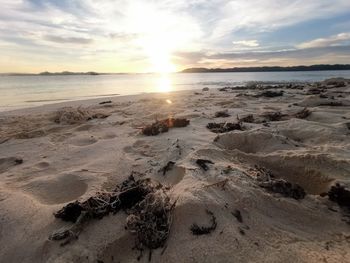 Scenic view of beach against sky during sunset