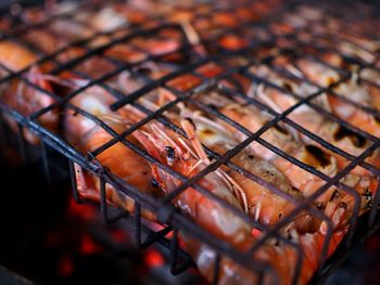 Close-up of meat on barbecue grill