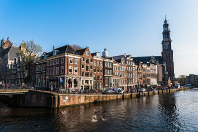 View of built structures against clear sky