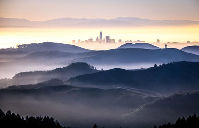 Scenic view of silhouette mountains against sky during sunset