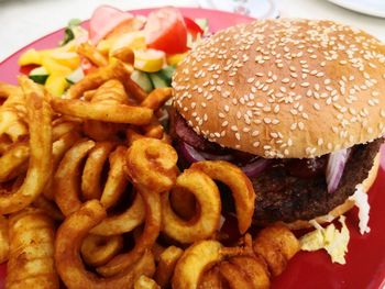 Close-up of burger and fries in plate