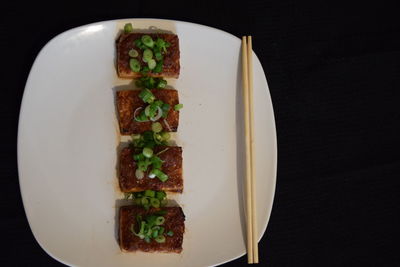 Directly above shot of food served in plate