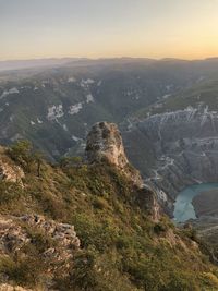 High angle view of landscape against sky during sunset
