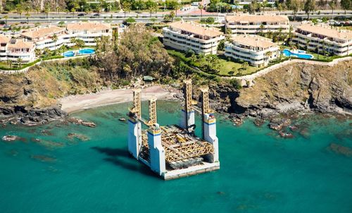 High angle view of old building by sea