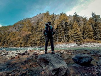 Full length of man standing on rock against trees