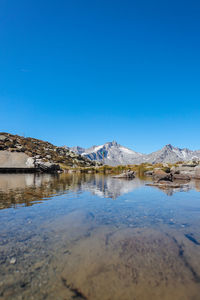 Scenic view of snowcapped mountains against clear blue sky