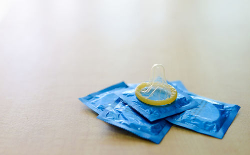 High angle view of blue paper on table