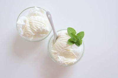 High angle view of ice cream in glass on table