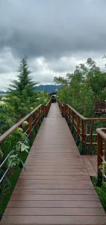 Wooden footbridge along plants and trees against sky
