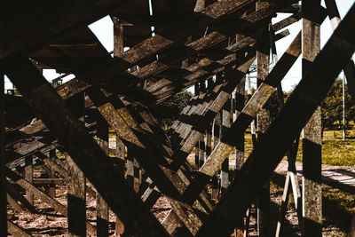 Low angle view of wooden fence in forest