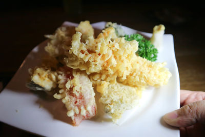 Close-up of hand holding food in plate