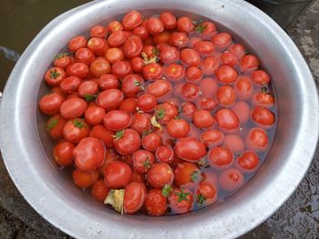 High angle view of strawberries in container