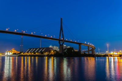 Illuminated bridge over river against clear blue sky