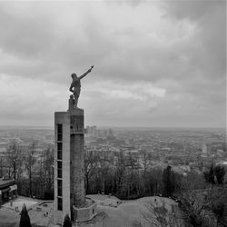 Black and white aerial view of the vulcan and downtown birmingham, alabama