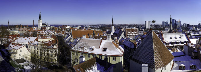 High angle view of townscape against clear sky