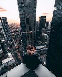 High angle view of modern buildings in city