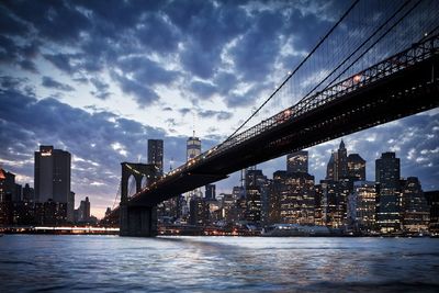 View of suspension bridge with city in background