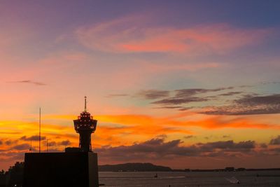 Silhouette of communications tower at sunset