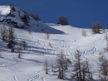 Snow covered landscape against sky