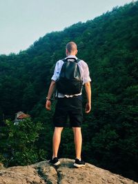 Rear view of hiker standing on rock against mountain