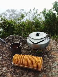 Close-up of drink on table against trees